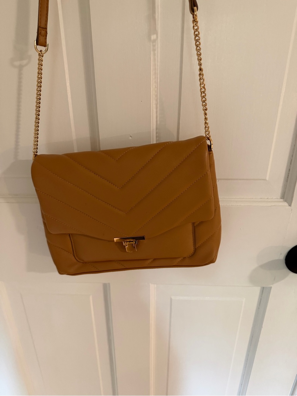 Camel Quilted Chain-Shoulder Crossbody Bag